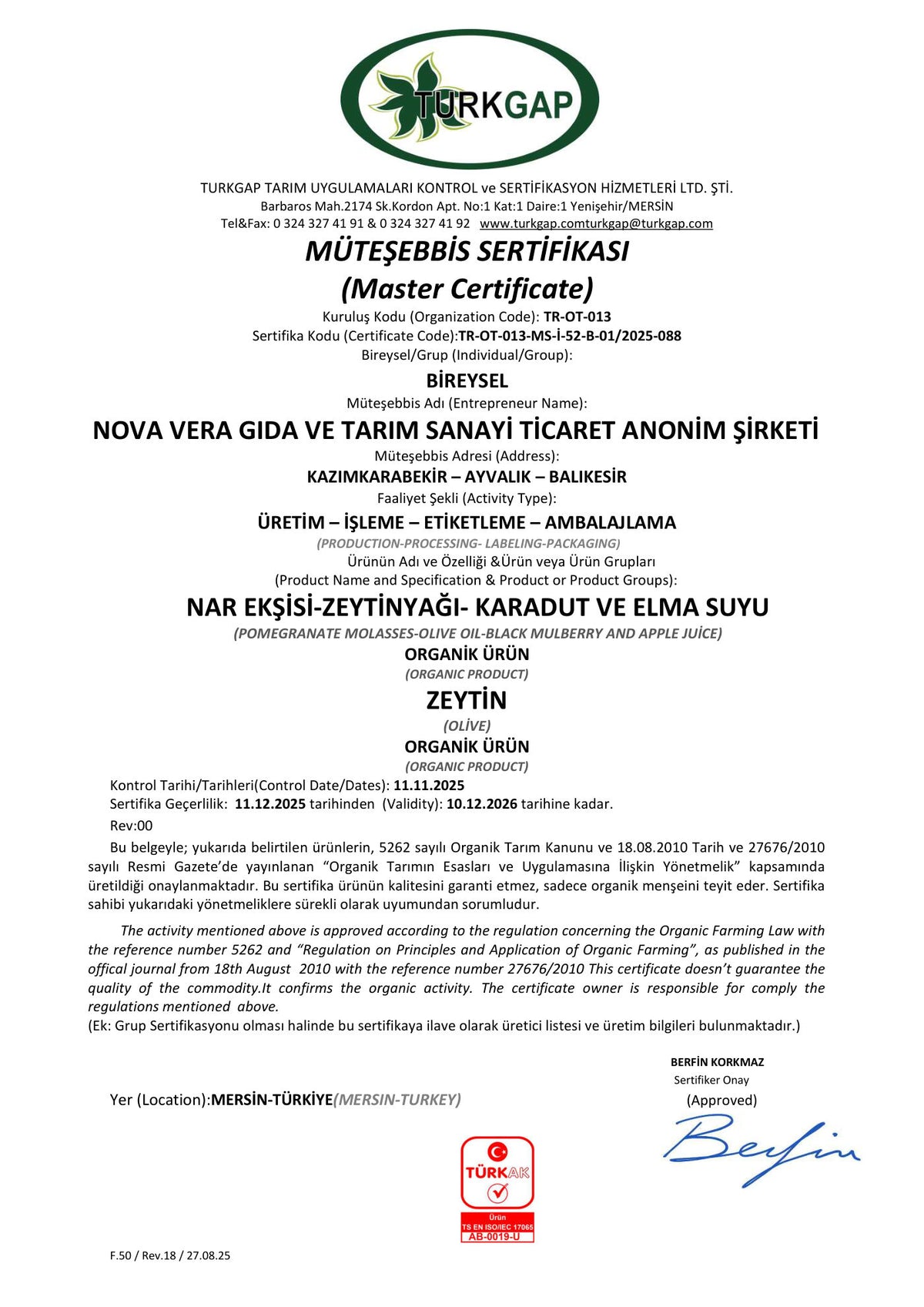NovaVera Organik Müteşebbis Sertifikası