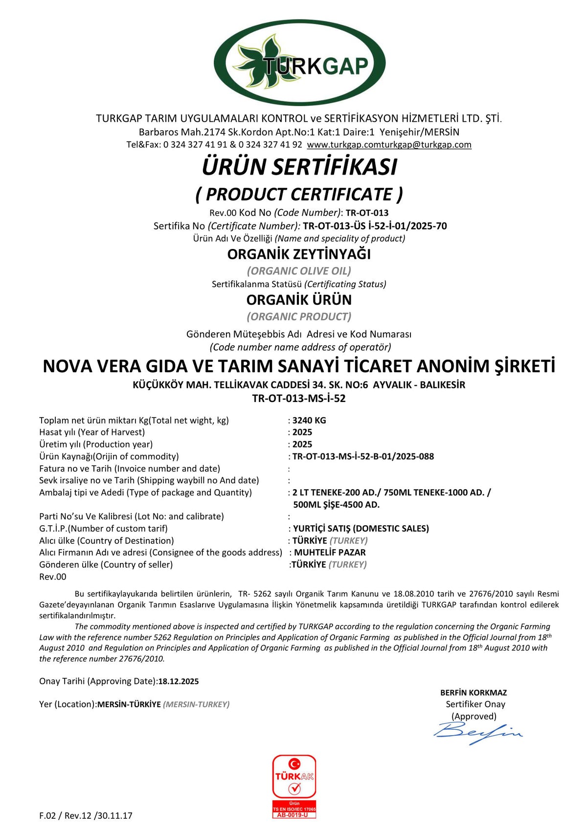 NovaVera Organik Zeytinyağı Ürün Sertifikası