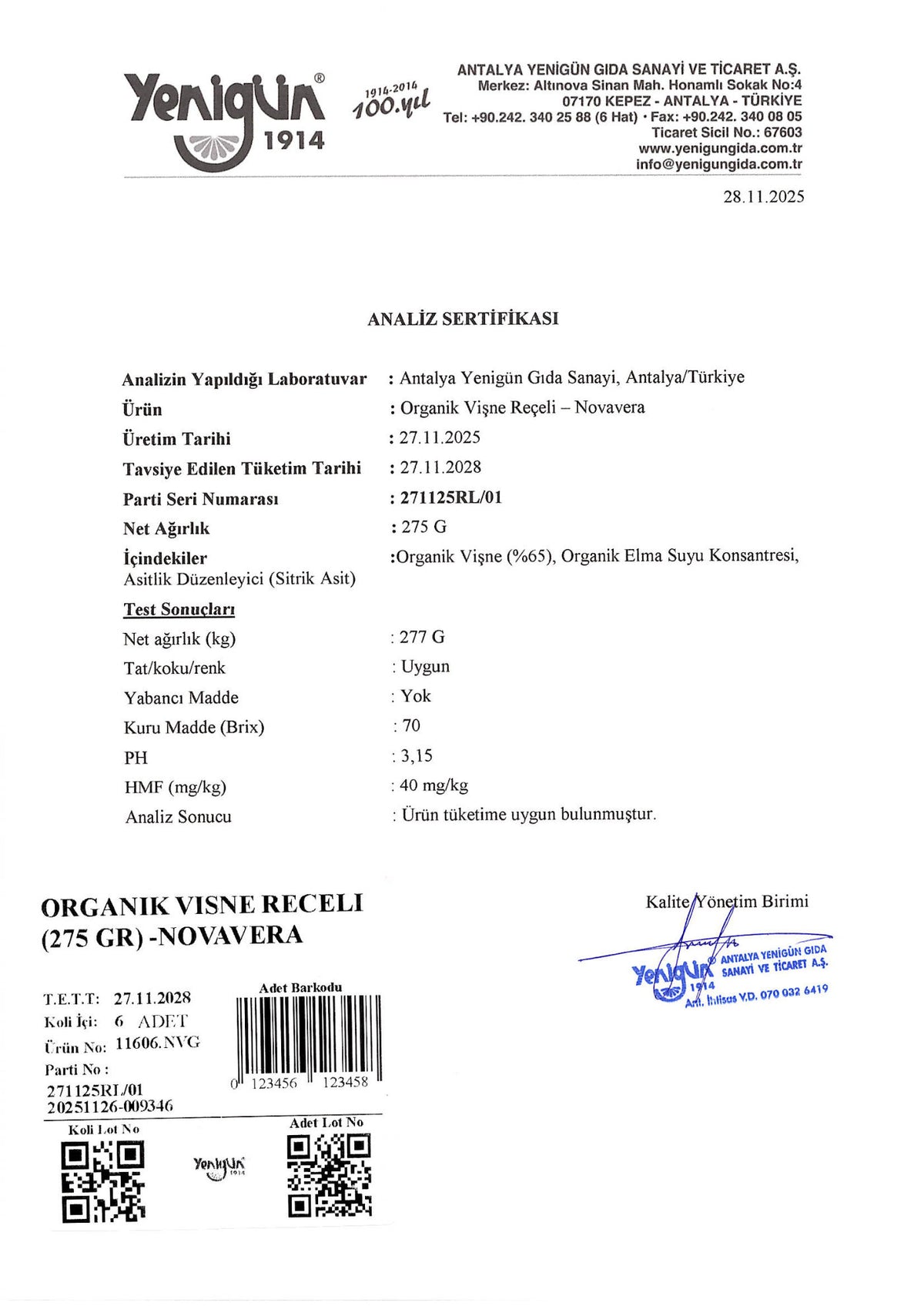 Organik Vişne Reçeli Analiz Sertifikası