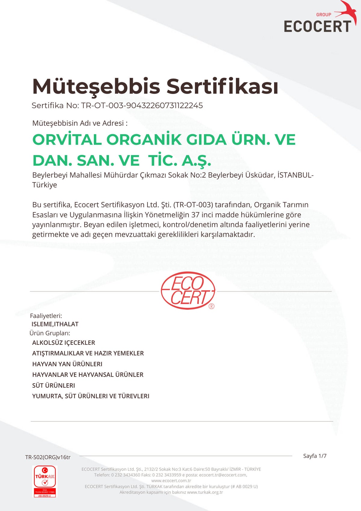 Orvital Organik Müteşebbis Sertifikası