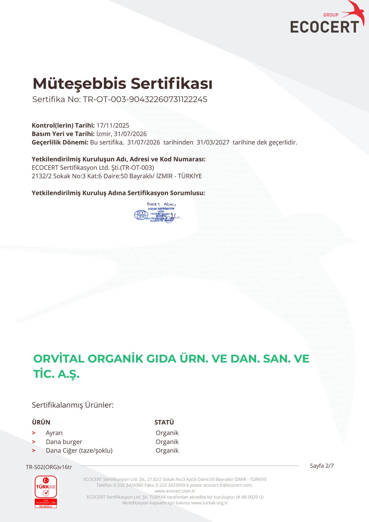 Orvital Organik Müteşebbis Sertifikası