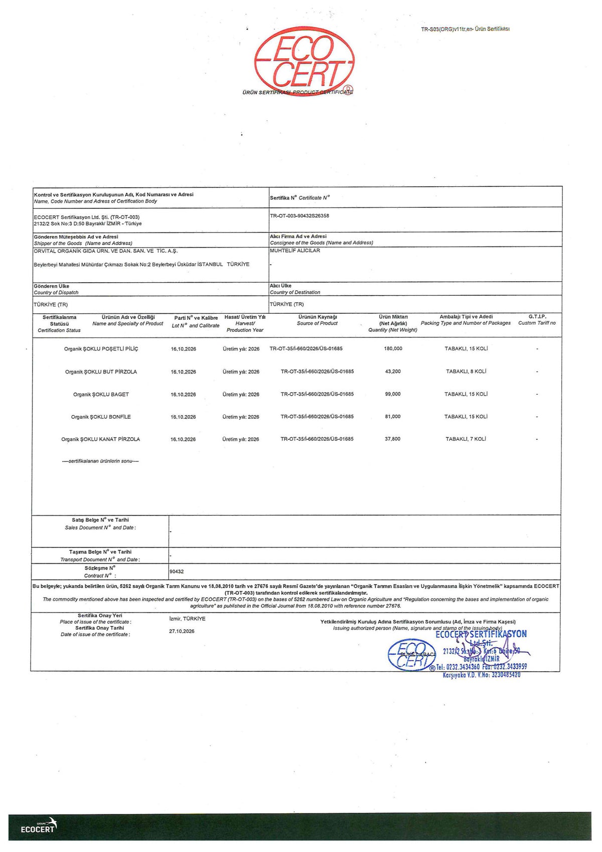 Orvital Organik Tavuk Ürün Sertifikası (90432S26358)