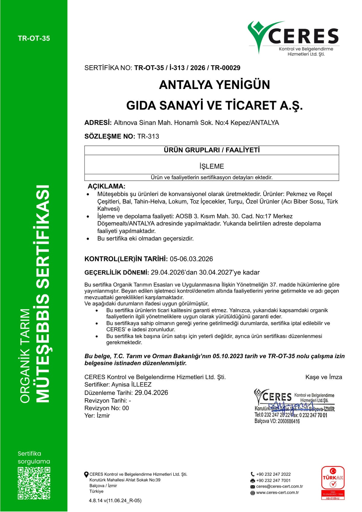 Yenigün Gıda Müteşebbis Sertifikası (TR-00029)