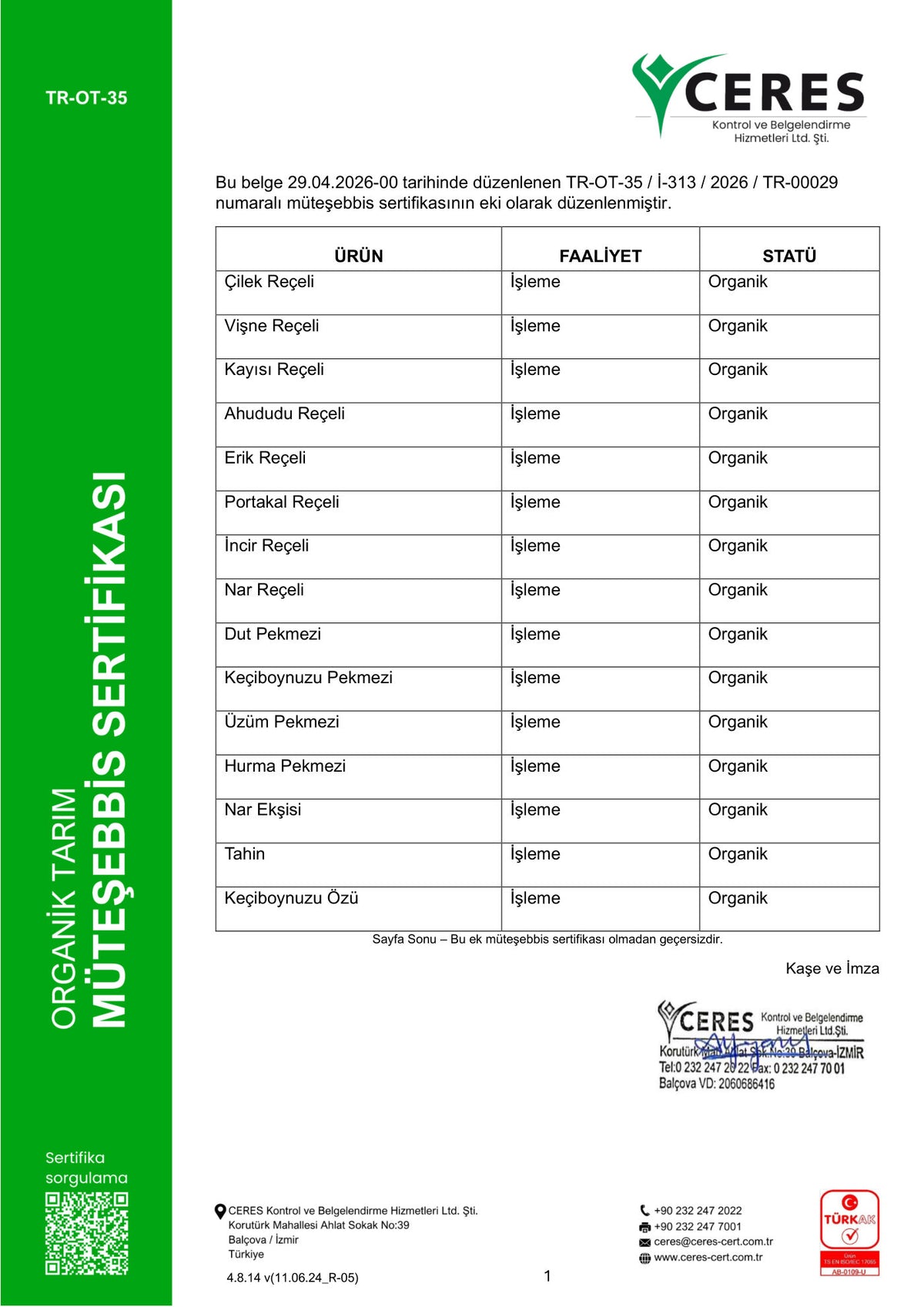 Yenigün Gıda Müteşebbis Sertifikası (TR-00029)