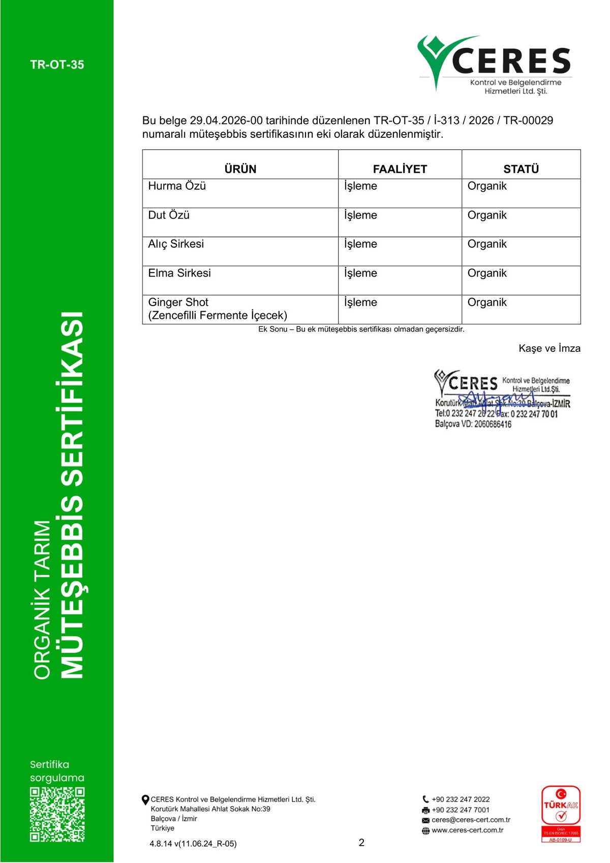 Yenigün Gıda Müteşebbis Sertifikası (TR-00029)